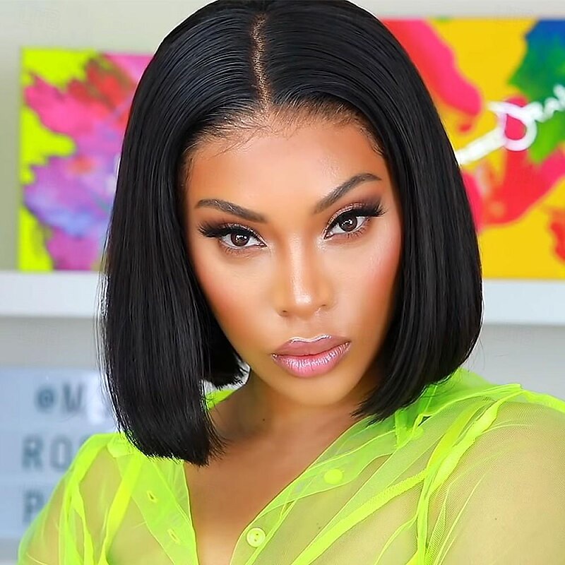 Brazilian Straight Bob Wig Human Hair 14 inch 13x4 HD Lace Front Wigs 180 Density Glueless Pre Plucked with Baby Hair 180% Density Glueless Short Human Hair Wigs for Black Women Natural Color