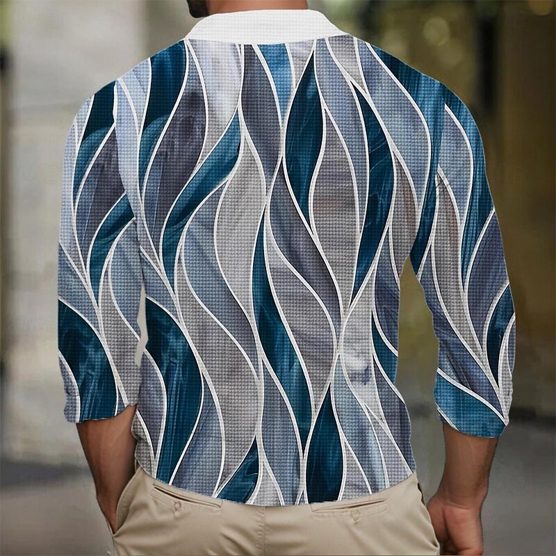 Men's Waffle Polo Shirts Golf Shirt Long Sleeve Polo Shirts Collared Shirts Vacation Wear Formal Wear Festival Wear Buttons 3D Print Summer Blue2