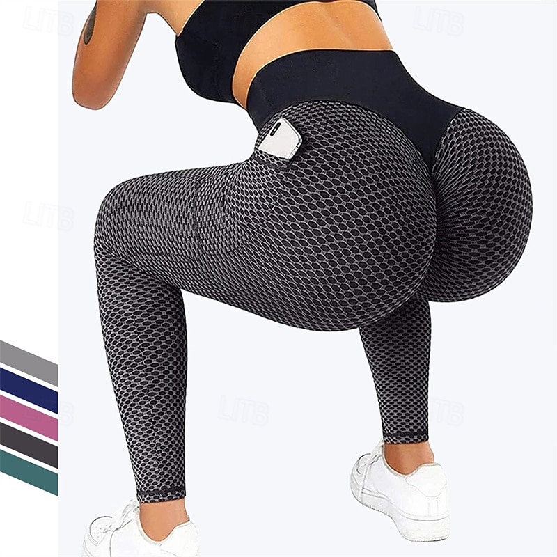 Women's Yoga Pants Yoga Leggings Pocket Elastic Waistband High Waist Pilates Gym Workout Workout Tights Honeycomb Black Green Rose Red Sports Activewear Stretchy Slim