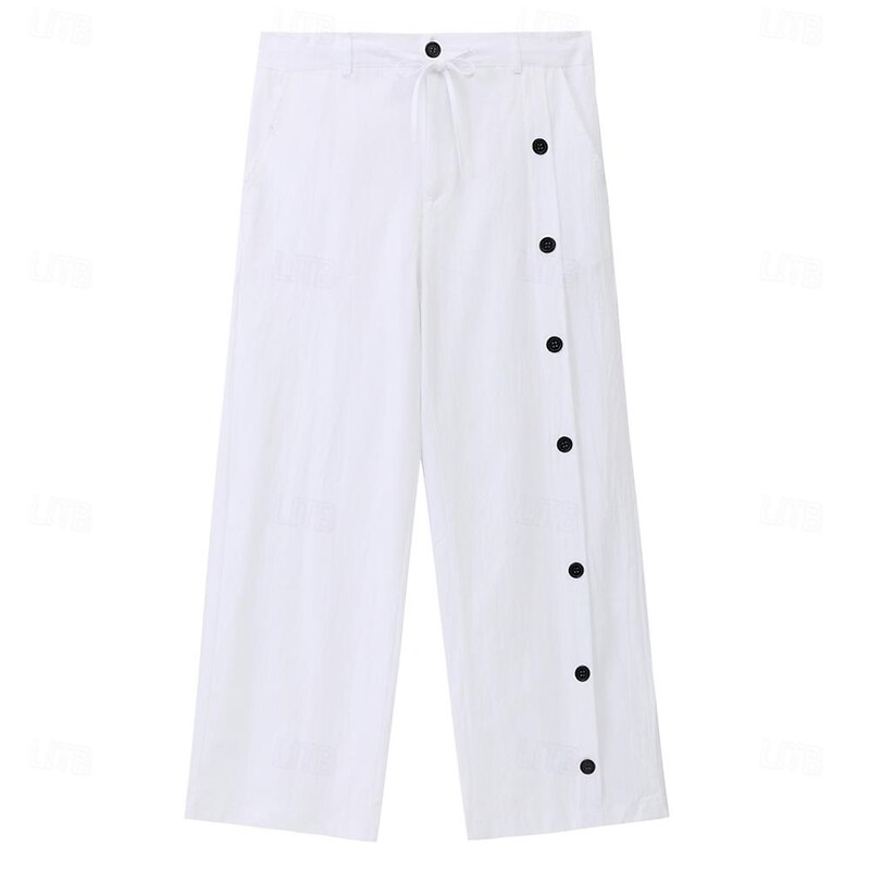 Men's Linen Pants Trousers Summer Pants Straight Leg Split Plain Comfort Breathable Full Length Casual Daily Holiday Fashion Basic Black White Micro-elastic2