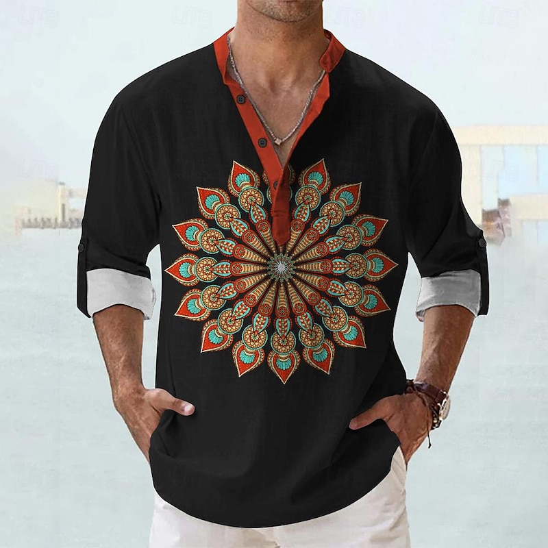 Men's Shirt Button Up Shirt Long Sleeve Tribal Fashion Casual Vacation Causal Casual Summer Spring &  Fall Stand Collar Buttons Print Black Purple Green2