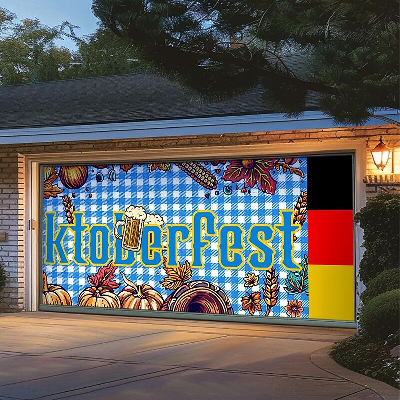 German Oktoberfest 2025 Outdoor Garage Door Cover Banner Pretzel Beer Vintage Farmhouse Large Backdrop Decoration for Holiday Outdoor Garage Door Home Wall Decorations3