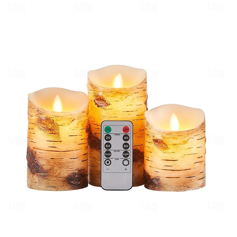 Flameless Candles Light Wooden Pine Effect Battery Operated Flickering Moving Wick Candles Light 4 5 6 Set of 3 Realistic LED Electric Pine Bark Candles with Remote Control for Halloween2