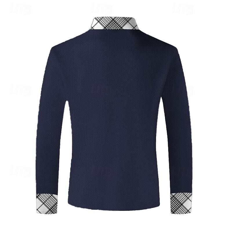 Men's Plaid Zip Polo Shirts Golf Shirt Long Sleeve Polo Shirts Collared Shirts WorkWear Formal Wear Festival Wear 3D Print Quarter Zip Polo Fall & Winter Black White Blue2
