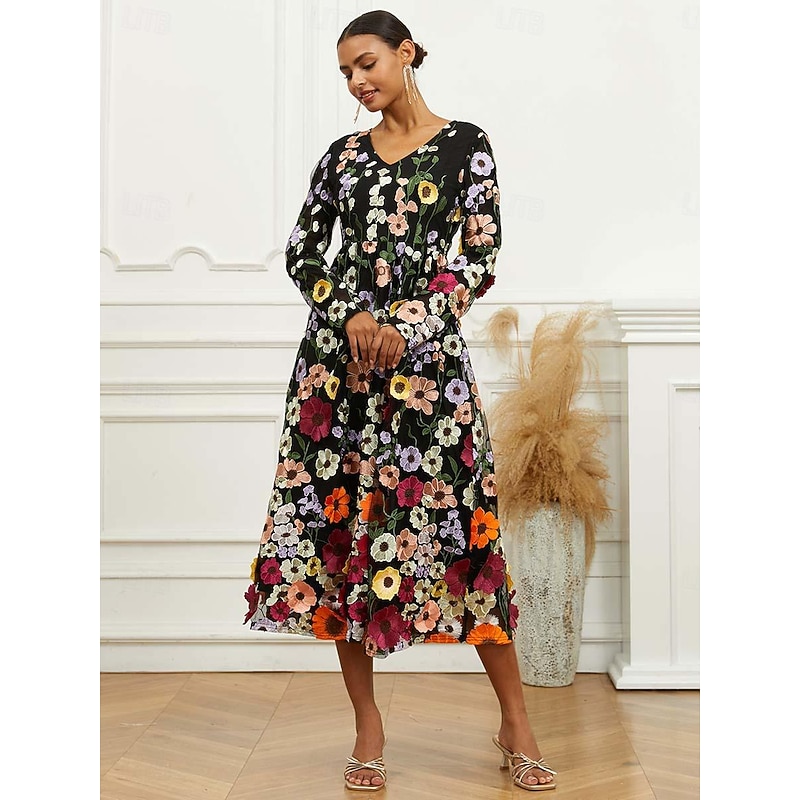 Women's Midi Dress Black Dress A Line Dress Elegant Stylish Bishop Sleeve Wedding Guest Cocktail Party Regular Fit Floral Long Sleeve V Neck Black Spring Fall 7