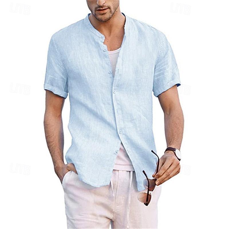 Men's Shirt Linen Shirt Cotton Linen Shirt Chinese Collar Shirt Mandarin Collar Shirt Summer Shirt Plain Vacation Casual Black White Navy Blue Blue Short Sleeve Band Collar Summer Clothing Apparel