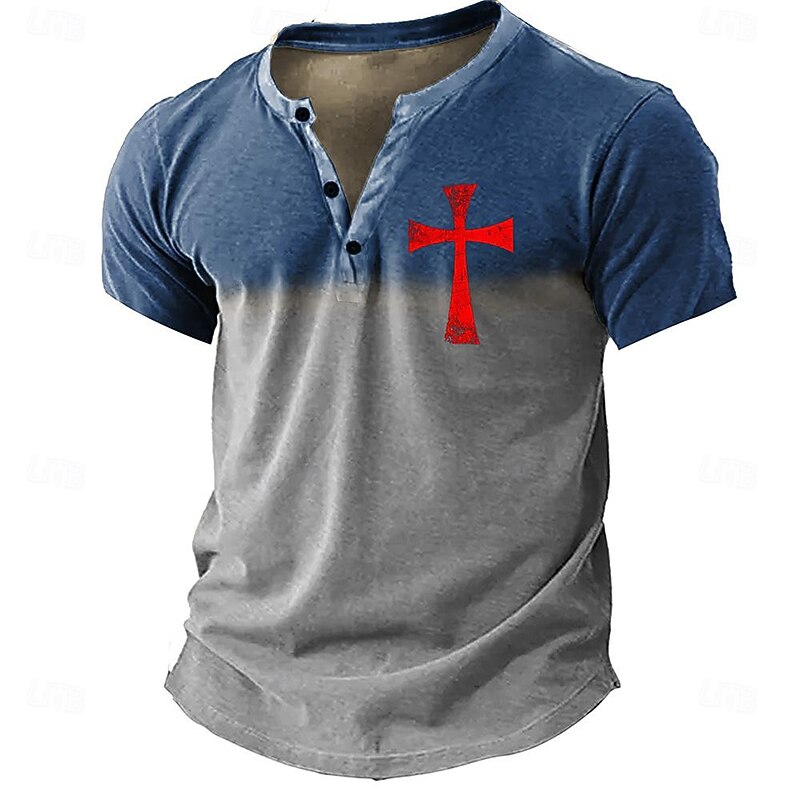 Men's Cross T shirt Henley Shirt Short Sleeve 3D Print Designer Retro Vintage Street Casual Daily Summer Spring Khaki Gray Henley Henley T-Shirt4