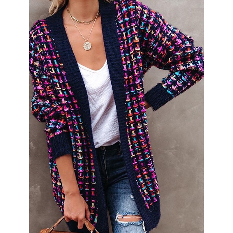 Women's Cardigan Stylish Color Gradient Crochet Open Front Knitted Long Sleeve Long Tops Knit Daily Blue Purple Fall Winter