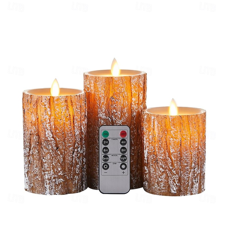 Flameless Candles Light Wooden Pine Effect Battery Operated Flickering Moving Wick Candles Light 4 5 6 Set of 3 Realistic LED Electric Pine Bark Candles with Remote Control for Halloween4