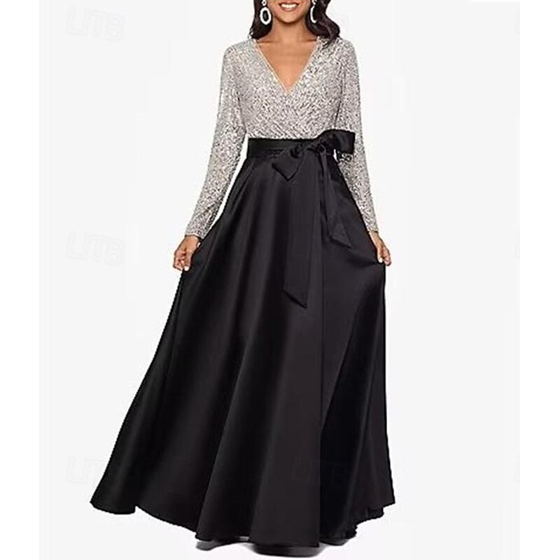 A-Line Mother of the Bride Evening Gown Elegant Dress Formal Floor Length Long Sleeve V Neck Fall Wedding Guest Satin with Sequin Pocket4
