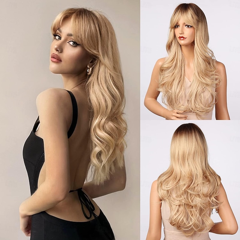 Blonde Wig with Bangs - Long Wavy Ombre Curtain Bang Wigs for White Women, Light Ash Blond Dark Roots Synthetic Heat Resistant Hair, Natural Cute Strawberry Wigs for Halloween/Christmas