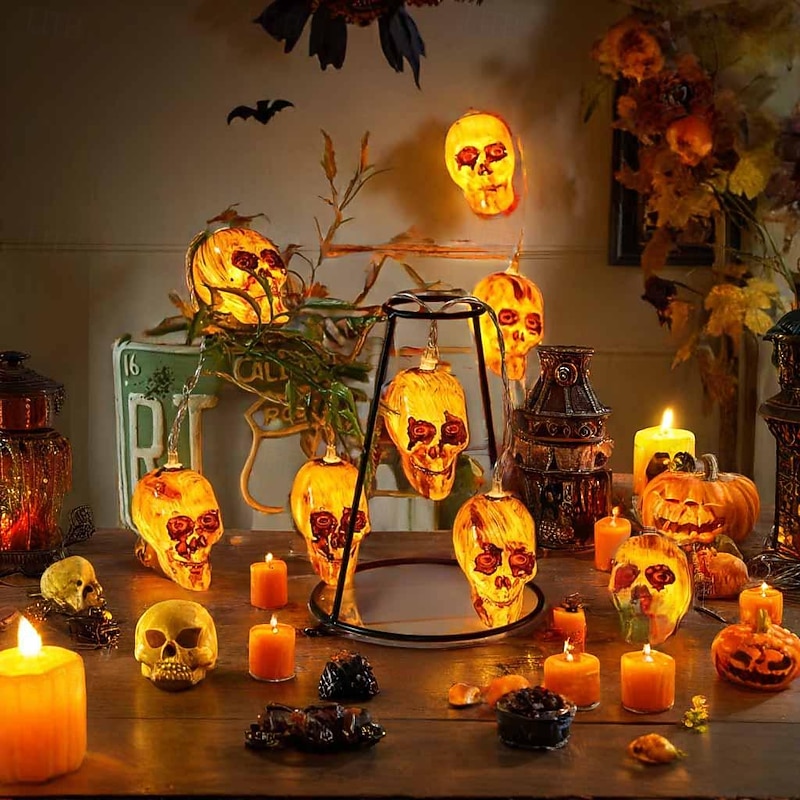 Halloween Skull Decorative Light String 1.5M-10 Led Beads, Halloween Day of the Dead, Indoor and Outdoor Terrifying Atmosphere Decoration 1pc