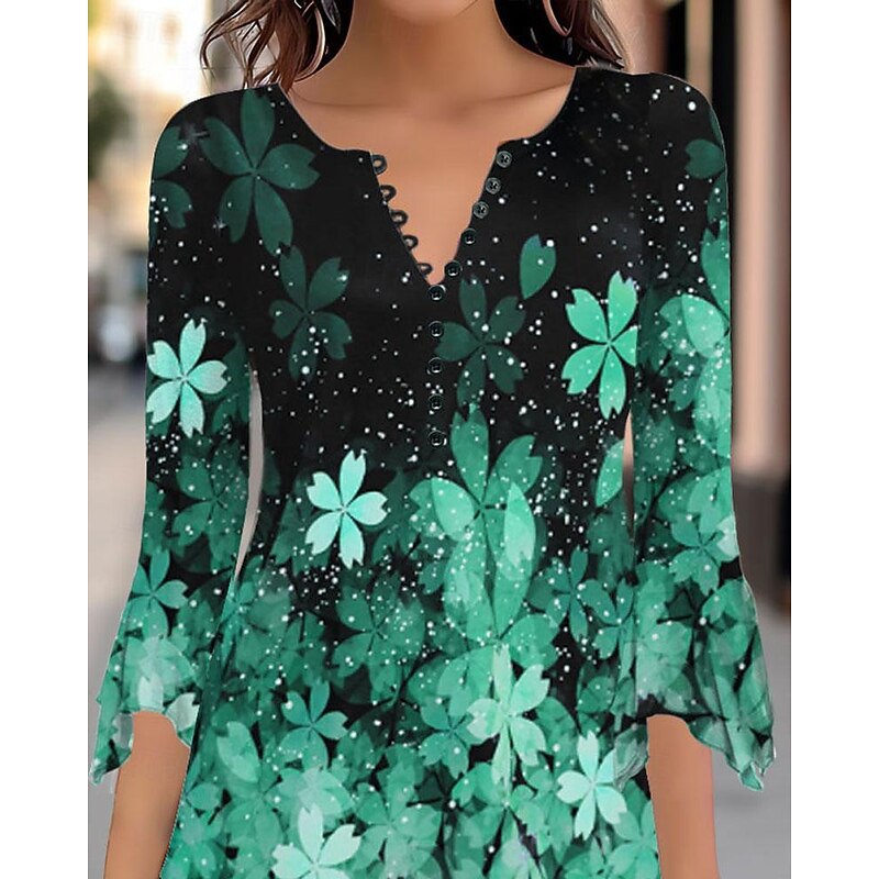 Women's T Shirt Fashion Floral Buttons Print 3/4 Length Sleeve Regular Tops Round Neck Casual Holiday White Pink Fuchsia Green Spring &  Fall4