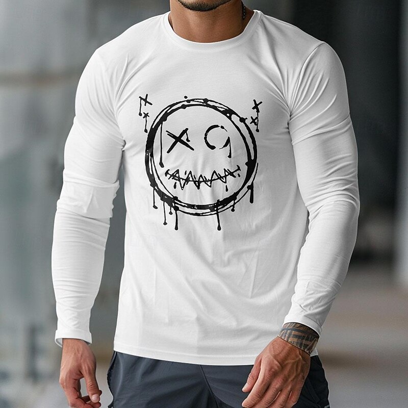 Men's Navy Blue Long Sleeve Graphic T-Shirt with Distressed Smiley Face Print | Edgy Casual Streetwear Style