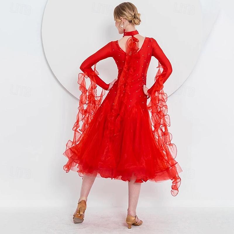 Women's Ballroom Dance Dress Modern Waltz Tango Dancing Clothes Long Sleeve Competition Performance Dance Dress2