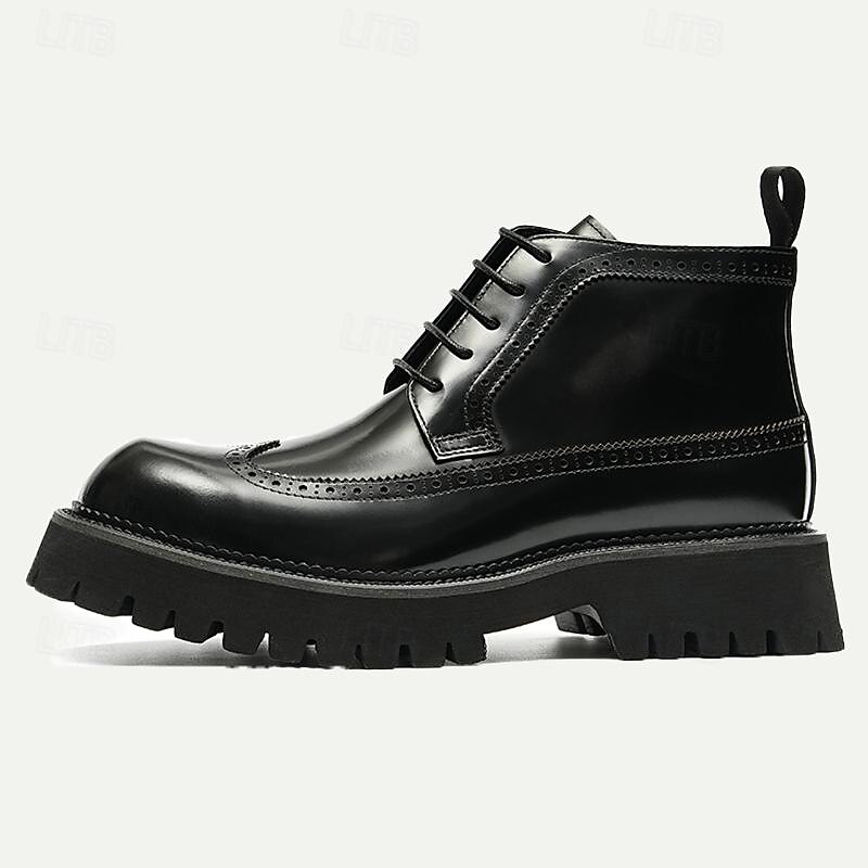Men's Premium Leather Brogue Combat Boots - 100% Cowhide Lace-Up Ankle Boots with Chunky Sole for Stylish and Rugged Wear3