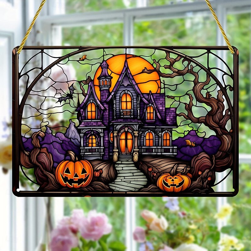 Halloween Haunted House Castle and Pumpkin Head Acrylic Wall Hanging - Spooky Home Decor for Windows, Doors, and Porch Walls