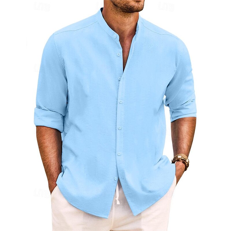 Men's Shirt Summer Shirt Beach Wear Casual Shirt Band Collar Shirt Button Up Shirt Plain Vacation Casual Black White Pink Green Long Sleeve Band Collar Spring & Summer Clothing Apparel4