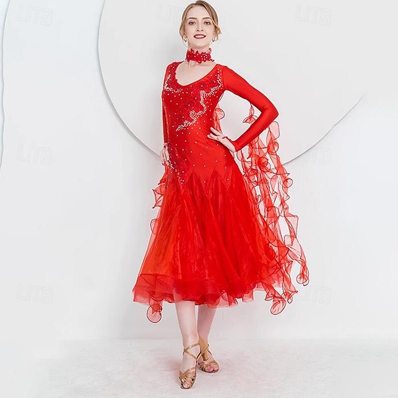 Women's Ballroom Dance Dress Modern Waltz Tango Dancing Clothes Long Sleeve Competition Performance Dance Dress3