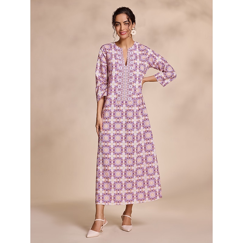 Ethnic Floral Notched Collar Maxi Dress