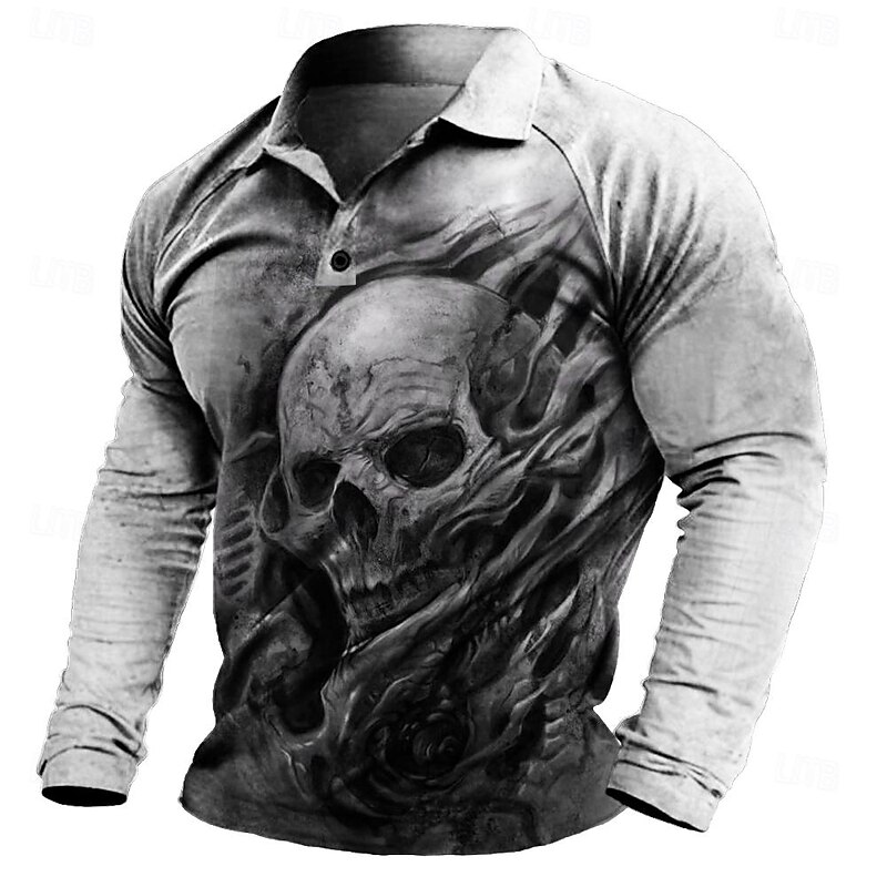 Day of the Dead Men's Skull Polo Shirts Short Sleeve Polo Shirts Turndown Sportswear Abstract Casual Outdoor Street Daily Holiday 3D Print Spring & Summer Black Khaki Gray3
