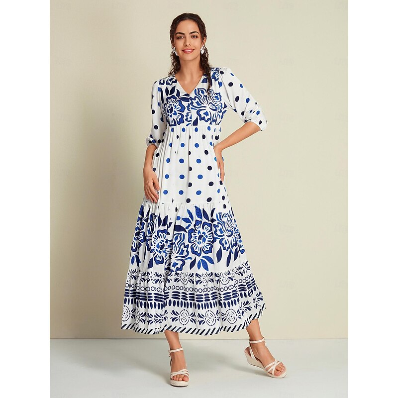 Satin Polka Dot 3/4 Length Sleeve V Neck Maxi Dress2