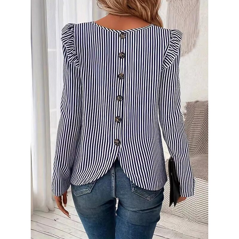 Women's Tunic Striped Stylish Long Sleeve Crew Neck Work Daily Ruffle Asymmetric Hem Blue Spring Fall