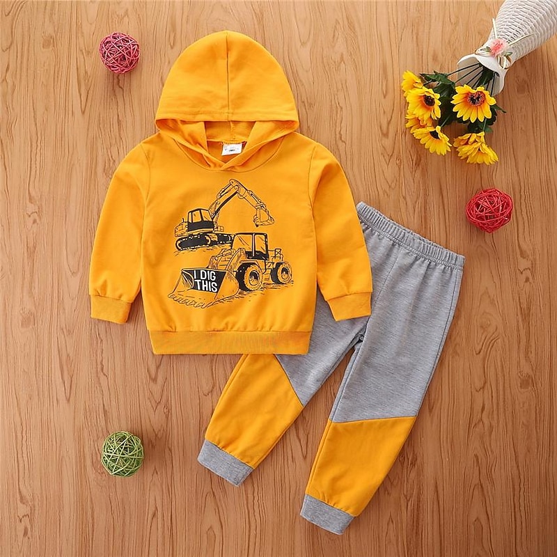 2 Pieces Toddler Boys Hoodie & Sweatpants Set Outfit Cartoon Long Sleeve Crewneck Set School Fashion Daily Fall 4-7 Years Yellow