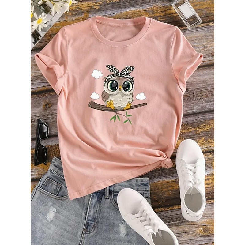 Women's T shirt Tee 100% Cotton Owl Daily Casual Short Sleeve Black Summer2