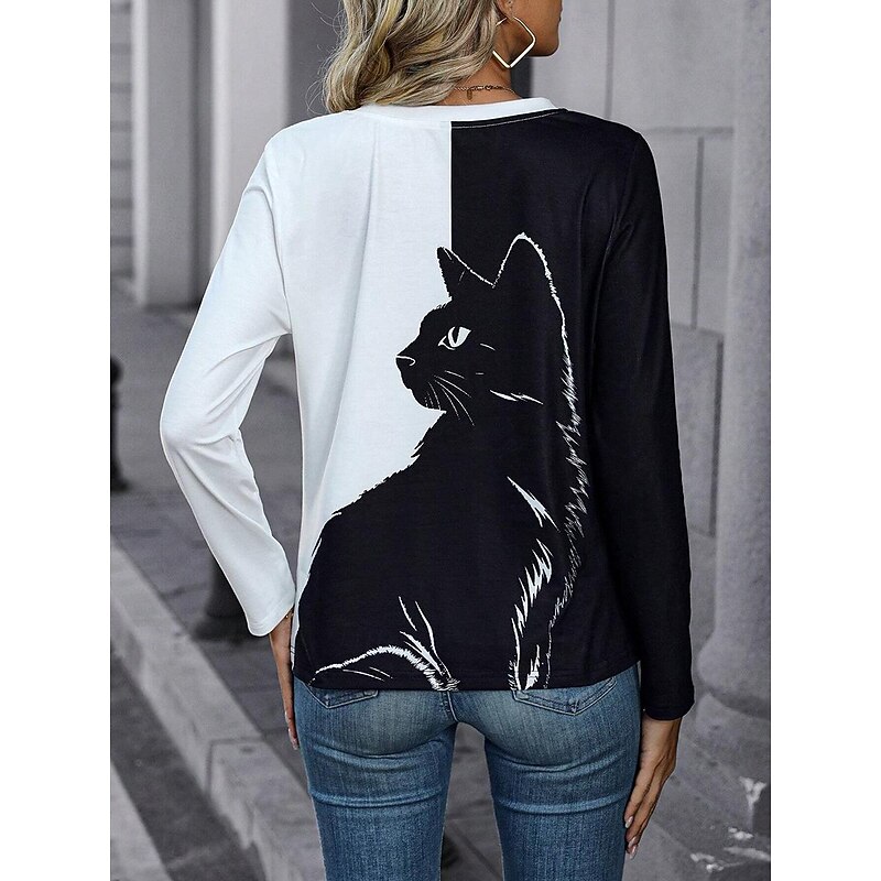 Women's T Shirt V Neck Long Sleeve Tunic Tee Cat Daily Fashion White / Black Spring & Fall2