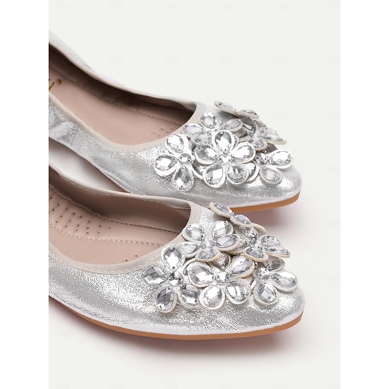 Women's Silver Foldable Flats with Rhinestone Embellishments - Comfortable, Lightweight Shoes for Travel, Parties, and Special Occasions3