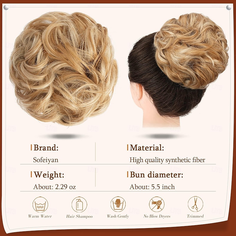 Claw Clip Messy Bun Hairpieces Wavy Curly Hair Bun Clip in Claw Chignon Ponytail Hairpiece Tousled Updo Hair Extensions Synthetic Scrunchie Hair Piece for Women, Honey Blonde/Platinum Blonde
