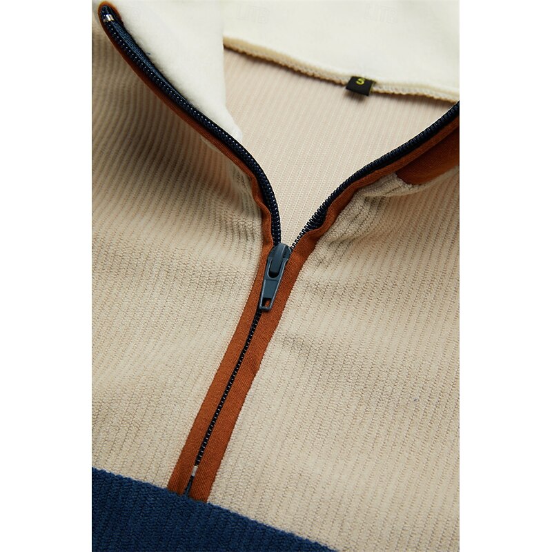 Men's Sweatshirt Zip Sweatshirt Corduroy Sweatshirt Black Blue Brown Half Zip Color Block Patchwork Sports & Outdoor Daily Holiday Fleece Streetwear Casual Thin fleece Fall & Winter Clothing Apparel3
