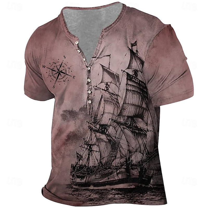 Men's Ship T Shirt Short Sleeve 3D Print Vintage Daily Summer Spring Fall Red Navy Blue Brown Green Gray Henley Collar Henley T-Shirt3