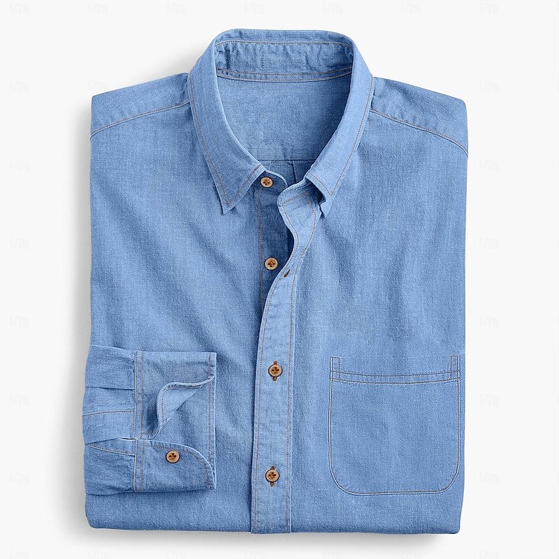 Men's Shirt Chambray Shirt Calico Shirt Button Up Shirt Casual Shirt Denim Blue Black Deep Blue Dark Blue Long Sleeve Plain Collar Daily Vacation Clothing Apparel Fashion Casual