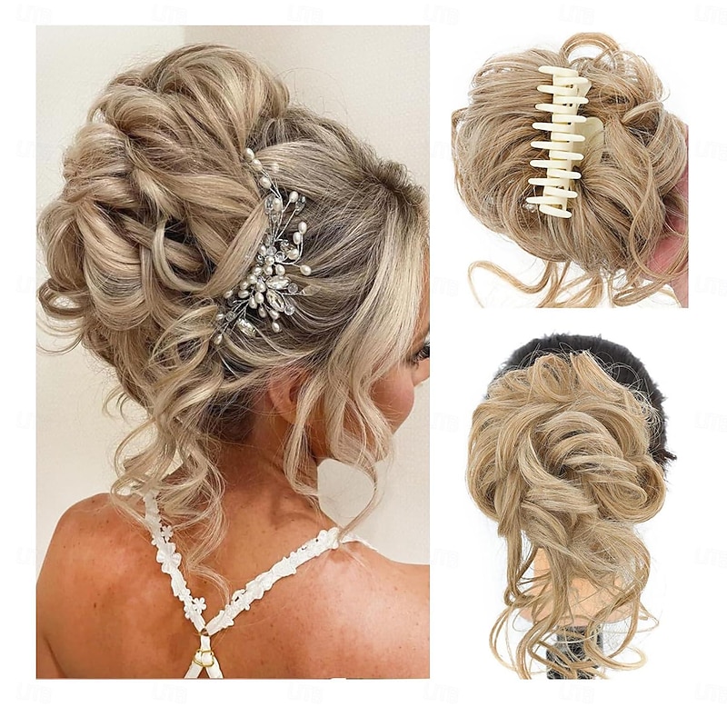 Messy Bun Hair Piece Claw Clip Synthetic Chignon Tousled Updo with Tendrils Hair Extensions Hair Bun Curly Wavy Faux Hair Bun Hair Scrunchies Hair Accessories for Women (Medium Blonde)