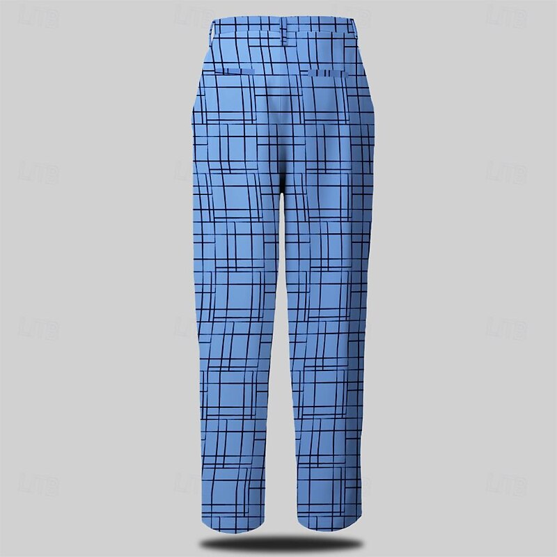 Men's Plaid Dress Pants Mid Waist Formal Casual Pocket 3D Print Buttons Summer Spring Fall & Winter 3D Print Navy Blue Blue2