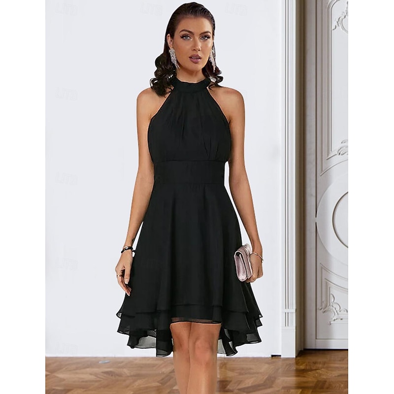 A-Line Cocktail Dresses Party Dress Wedding Guest Engagement Knee Length Sleeveless Halter Neck Chiffon V Back with Sleek Tiered  dress to impress