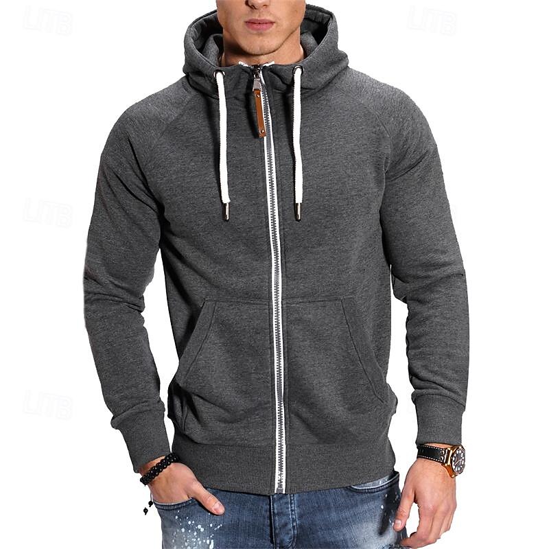Men's Full Zip Hoodie Zip Up Hoodie Black Navy Blue Light Grey Dark Gray Hooded Plain Zip Up Front Pocket Sports & Outdoor Daily Holiday Polyester Streetwear Basic Casual Spring &  Fall Clothing2