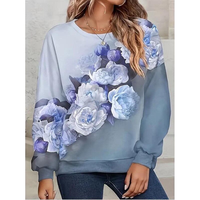 Women's Sweatshirt Floral Dailywear Going out Print Casual Round Neck Long Sleeve Micro-elastic Spring Fall & Winter Comfrt Breathable Soft Fabric