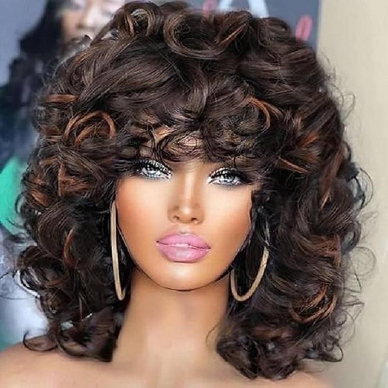 Curly Wig for Black Women Soft Short Curly Wig with Bangs Halloween Cosplay Party Wigs