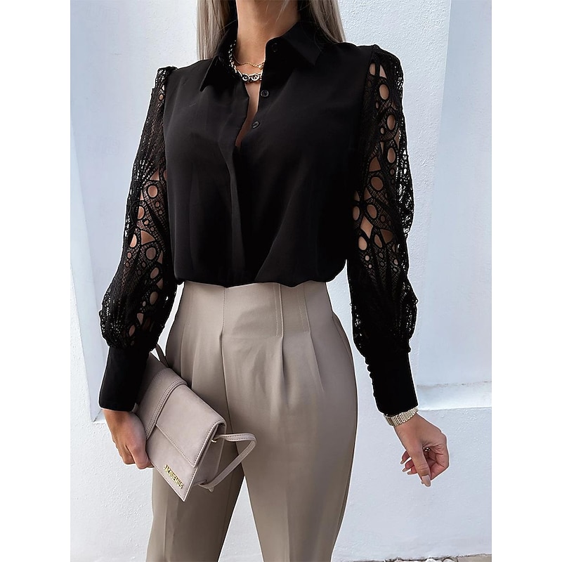 Women's Blouse Lace Eyelet Work Stylish Modern Long Sleeve Black Summer Spring4