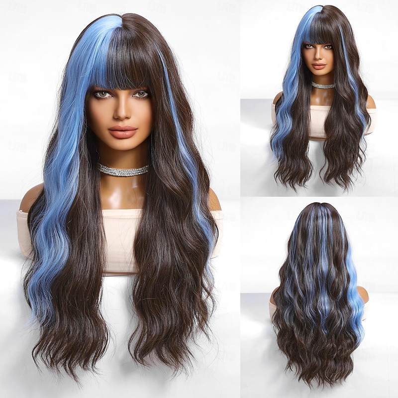 Synthetic Wig Uniforms Career Costumes Princess Straight kinky Straight Middle Part Layered Haircut Machine Made Wig 26 inch Black / Sapphire Blue Synthetic Hair Women's Cosplay Party Fashion Natural