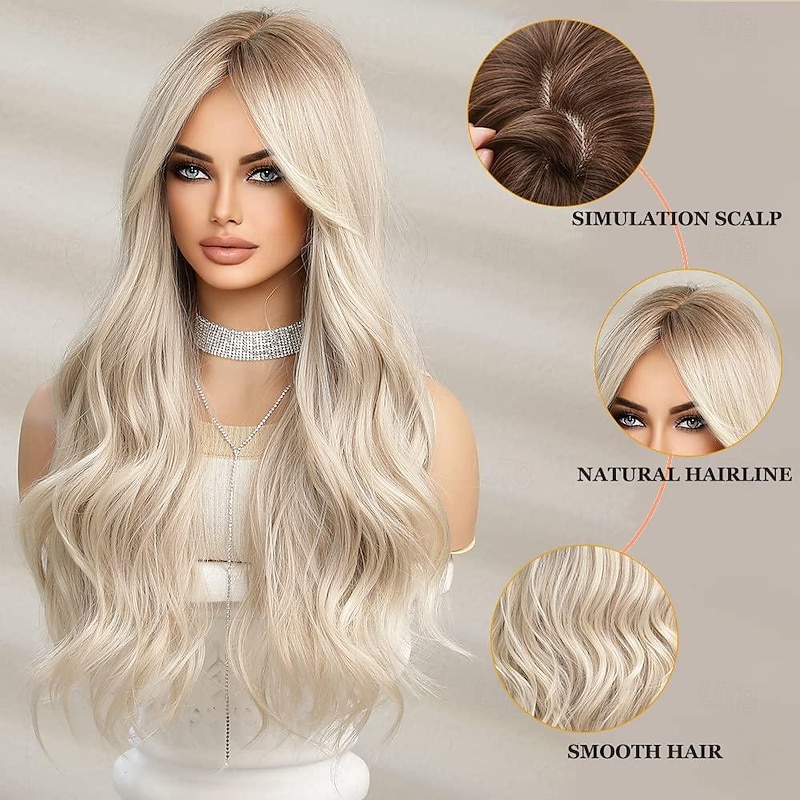 Long Curly Blonde Wig for Women Synthetic Hair with Bangs Wave Wigs with Dark Roots Daily Cosplay High Density Heat Resistant Halloween Wigs2