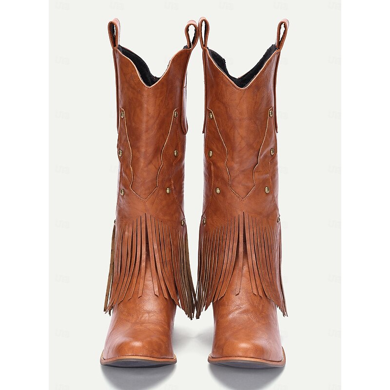 Women's Brown Faux Leather Western Cowboy Boots with Fringe Detailing for Casual Wear3