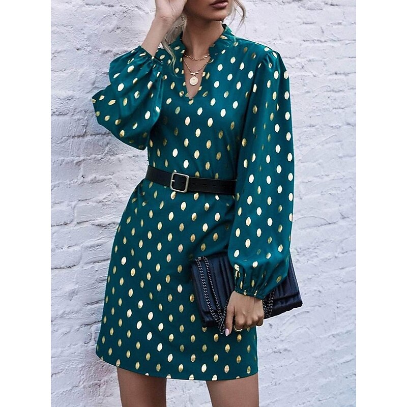 Women's Polka Dot Print Notched Neck Mini Dress Stylish Party Daily Long Sleeve Fall3