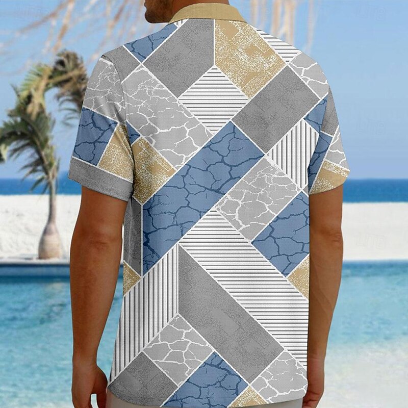 Men's Geometric Geometric Pattern Button Up Shirt Printed Shirts Short Sleeve Hawaiian Resort Outdoor Business / Ceremony / Wedding Summer Turndown Print Button-Down Blue Khaki Gray2