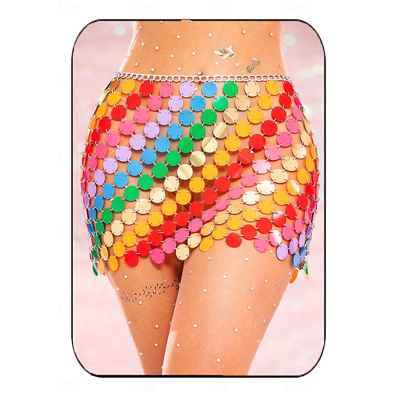 Women Sequin Rainbow Chainmail Mini Skirt Sparkly Dots Belly Dance Hip Skirts Rave Waist Chain