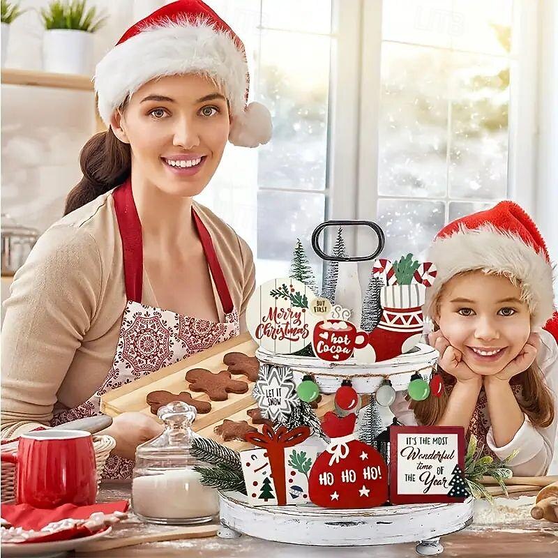 12pcs Christmas Layered Tray Decoration Set - 0.27 Inch Thick Wooden Table Signs, Christmas Stockings & Ball Ornaments for Indoor Winter Farmhouse Decor, Family Party, Shelf Decoration (Tray Not Included)3