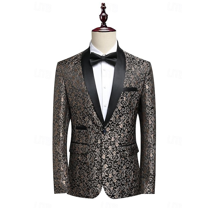 Men's Blazer Jacket Tuxedo Shawl Collar Party Luxury Jacquard Blazer Blue khaki Standard Fit Single Breasted One-button